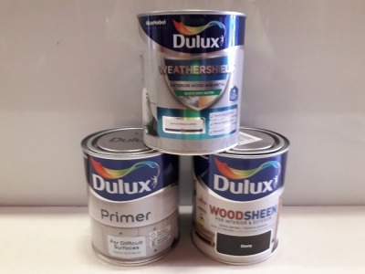 30 X BRAND NEW DULUX LOT TO INCLUDE DULUX WEATHERSHIELD FOR EXTERIOR FOR WOOD AND METAL ( CRANBERRY CRUNCH AND GALLANT GREY ) AND DULUX WOOD SHEEN FOR INTERIOR AND EXTERIOR ( EBONY ) AND DULUX PRIMER AND UNDERCOAT FOR WOOD