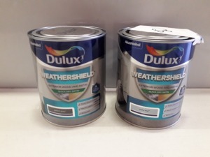 30 X BRAND NEW DULUX LOT TO INCLUDE DULUX WEATHERSHIELD FOR EXTERIOR FOR WOOD AND METAL ( MISTY WHITE AND GALLANT GREY AND HEATHLAND ) AND DULUX WEATHERSHIELD HIGH GLOSS EXTERIOR WOOD AND METAL .