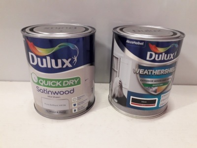 30 X BRAND NEW DULUX LOT TO INCLUDE QUICKDRY SATINWOOD ( PURE BRILLANT WHITE ) AND DULUX WEATHERSHIELD FOR EXTERIOR AND INTERIOR IN ( BLACK AND GALLANT GREY ) ALL 750ML