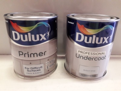 30 X BRAND NEW DULUX LOT TO INCLUDE DULUX PRIMER AND UNDERCOAT FOR WOOD INTERIOR AND EXTERIOR , DULUX PRIMER FOR DIFFICULT SURFACES AND DULUX UNDERCOAT IN ( BRILLIANT WHITE ) ALL 750 ML