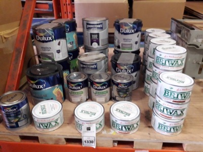 37 X BRAND NEW PAINT LOT TO INCLUDE DULUX WALLS AND CELLINGS PAINT ( IN NATURAL SLATE ) , DULUX EASY CARE BATHROOM ( WARM PEWTER) JOHNSTONE INTERIOR WOOD AND METAL ( SATIN BRILLIANT WHITE ) , DULUX QUICKDRY SATIN WOOD ( POLISHED PEBBLE ) , DULUX WEATH