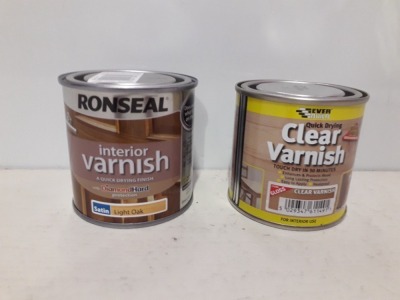 103 X BRAND NEW RONSEAL INTERIOR VARNISH ( SATIN LIGHT OAK AND EVERBUILD CLEAR VARNISH FOR INTERIOR USE ) ALL IN 250ML