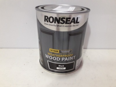 27 X BRAND NEW RONSEAL WEATHERPROOF WOOD PAINT ( IN BLACK SATIN AND GREY STONE SATIN ) - ALL 750 ML