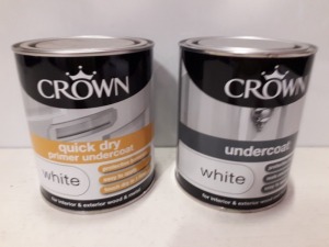 30 X BRAND NEW CROWN QUICK DRY PRIMER UNDERCOAT ( WHITE ) FOR INTERIOR AND EXTERIOR WOOD AND METAL AND CROWN UNDERCOAT IN ( WHITE ) ALL IN 750 ML