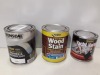 30 X BRAND NEW MIXED PAINT LOT TO INCLUDE RUSTINS YACHT VARNISH IN (GLOSS) , RONSEAL WOOD PRIMER AND UNDERCOAT IN (WHITE) , RONSEAL WOOD STAIN IN (TEAK ) , EVERBUILD WOOD STAIN (CLEAR COAT ), EVERBUILD CLEAR VARNISH FOR INTERIOR USE ETC IN MIXED SIZES (