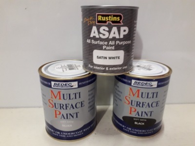 30 X BRAND NEW PAINT LOT TO INCLUDE BEDEC MULTI SURFACE PAINT IN ( SOFT SATIN BLACK AND SILVER ) ALL IN 750ML AND RUSTINS ALL SURFACE ALL PURPOSE PAINT ( SATIN WHITE ) IN 500 ML