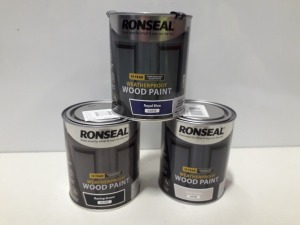 30 X BRAND NEW RONSEAL WEATHERPROOF WOOD PAINT IN VARIOUS COLOURS TO INCLUDE ( SATIN GREY , ROYAL BLUE GLOSS , RACING GREEN GLOSS ) ALL 750 ML