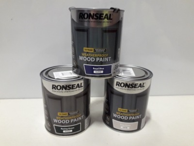 30 X BRAND NEW RONSEAL WEATHERPROOF WOOD PAINT IN VARIOUS COLOURS TO INCLUDE ( SATIN GREY , ROYAL BLUE GLOSS , RACING GREEN GLOSS ) ALL 750 ML