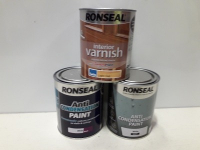 30 X BRAND NEW RONSEAL LOT TO INCLUDE RONSEAL INTERIOR VARNISH ( SATIN LIGHT OAK ) AND RONSEAL ANTI CONDENSATION PAINT ( WHITE MATT ) ALL IN 750 ML