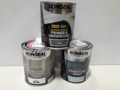 30 X BRAND NEW RONSEAL LOT TO INCLUDE RONSEAL SUPER FLEXABLE PRIMER AND UNDERCOAT ( GREY ) , AND RONSEAL ONE COAT NON DRIP PAINT ( WHITE MATT AND GLOSS WHITE ) ALL IN 750ML