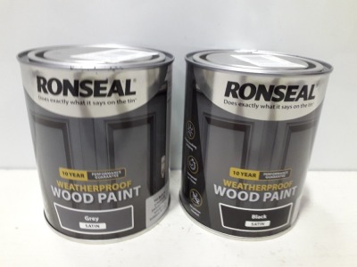 30 X BRAND NEW RONSEAL WEATHERPROOF WOOD PAINT ( IN SATIN GREY AND SATIN BLACK ) FOR DOORS WINDOWS AND OUTDOOR FURNITURE