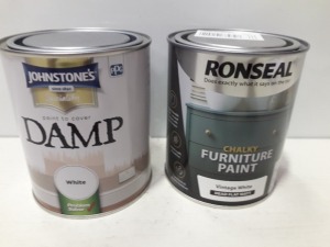 26 X BRAND NEW PAINT LOT TO INCLUDE RONSEAL CHALKY FURNITURE PAINT ( VINTAGE WHITE ) AND JOHNSTONES PAINT TO OVER DAMP ( IN WHITE ) ALL IN 750 ML