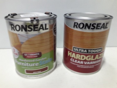 30 X BRAND NEW PAINT LOT TO INCLUDE RONSEAL HARD WOOD GARDEN FURNITURE STAIN ( RICH TEAK ) AND RONSEAL ULTRA TOUGH HARD GLAZE (CLEAR VARNISH ) ALL 750 ML