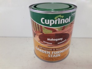 30 X BRAND NEW CUPRINOL GARDEN FURNITURE STAIN FOR SOFT WOOD AND HARDWOOD ( MAHOGONY , OAK ) ALL 750 ML