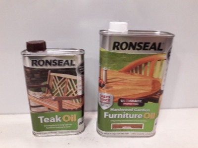 31 X BRAND NEW RONSEAL LOT TO INCLUDE 14 X RONSEAL HARD WOOD GARDEN FURNITURE OIL ( NATURAL ) - 1 LITRE , AND 17 X RONSEAL TEAK OIL 500 ML