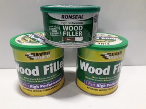 37 X BRAND NEW MIXED LOT TO INCLUDE 26 X RONSEAL HIGH PERMORMANCE WOOD FILLER ( DARK ) 275 G AND 11 X EVER BUILD WOOD FILLER HIGH PERFORMANCE 1.4 KG )