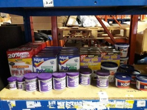 41 X BRAND NEW MIXED LOT TO INCLUDE EVERBUILD KOS FIRE CEMENT 1KG , POLYCELL POLYFILLA , RONSEAL MULTI PURPOSE WOOD FILLER (NATURAL ) , EVERBUILD SUPER WHITE POWDER WALL TILE GROUT , POLYCELL EXTERIOR POLYFILLER AND EVERBUILD ALL PURPOSE POWDER FILLER