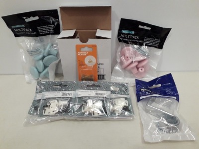 1000+ PIECE LOT TO INCLUDE DECORATIVE KNOB/ HANDLE IN BLUE AND PINK ( 38MM ) , SURFACE CATCHES IN WHITE ( 12 MM ) , OVER THE DOOR HOOK ( CHROME ) , KEYHOLE PLATES FOR HANGING FRAMES /PICTURES ( IN 9 BOXES )