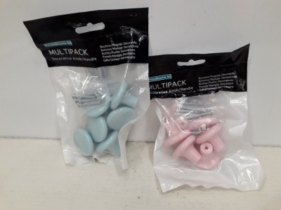 360 X BRAND NEW PACKS OF 6 KNOB/HANDLE IN BLUE AND PINK ( 38MM) COMES IN 3 BOXES