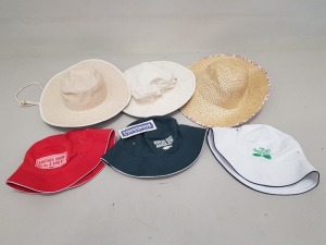 80 PIECE MIXED HAT LOT CONTAINING GARDEN POTTERER HAT, PRINCESS PRUNER, MAN HAT ON HEADWEAR SUN HATS AND ANOTHER DRINK FOR THE CHEF ETC IN 3 TRAYS (NOT INCLUDED)