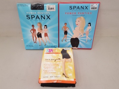 30 X BRAND NEW MIXED SPANX LOT CONTAINING SPANX POWER PANTIES ( SIZE G ) ALL IN BLACK , AND SPANX TOUT AND ABOUT SHAPING SKIRT IN ALL BLACK