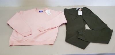 12 PIECE MIXED CLOTHING LOT CONTAINING 4 X JACK & JONES KHAKI TROUSERS SIZE 30/32 AND 8 X JACK & JONES PINK SWEATSHIRTS SIZE MEDIUM