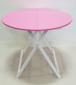 5 X PINK COLOURED CIRCLE TABLES SIZE - 80CM DIAMETER - (NOTE: FACTORY SECONDS SOME VENEER MAY BE LIFTING, MINOR SCRATCHES) - BOXED