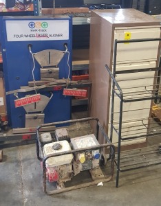 4 PIECE LOT TO INCLUDE 4 TIER FILE CABINET TO INCLUDE CAR CLEANING PRODUCTS , ZIP TIES , FILTERS ETC , 3 TIER METAL SHELFS ON WHEELS , HONDA 5.5 GX150 PETROL GENERATOR ( PLEASE NOTE NOT TESTED ) AND INCOMPLETE KWIK - TRACK FOUR WHEEL LASER ALLIGNER ( PLEA