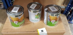 40 X BRAND NEW RONSEAL LOT TO INCLUDE RONSEAL HARDWOOD GARDEN FURNITURE STAIN ( ENGLISH OAK ) , RONSEAL GARDEN PAINT ( CLOVER )