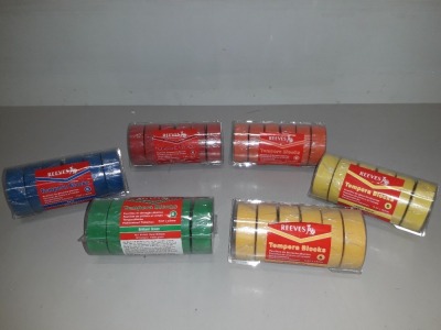 1296 X BRAND NEW PACKS OF 6 REEVES TEMPERA BLOCKS IN VARIOUS COLOUR TO INCLUDE GREEN , RED , ORANGE , YELLOW , BRILLIANT YELLOW AND CYAN BLUE ETC - COMES IN FULL PALLET