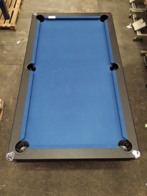 3 X RILEY AMERICAN POOL TABLE ( 6FT LENGTH) WITH BOLT ON LEGS AND AMERICAN STYLE BUCKET POCKETS - PLEASE NOTE ALL 3 HAVE BEEN DAMAGED - CRACKS ON SIDE PANELS - ALSO COMES WITH PALLET OF SPARE TABLE TOPS