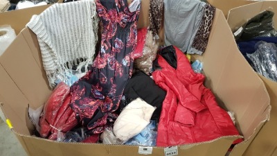 3/4 OF A PALLET OF CLOTHING CONTAINING RED HOODED COATS, FLOWER PRINT DRESSES, BLACK LONG SLEEVED JUMPERS, FACE MASKS, BLACK PANTS AND ANIMAL PRINT TOPS ETC