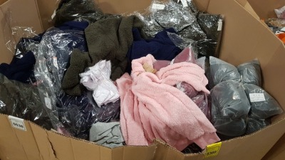 FULL PALLET OF CLOTHING CONTAINING KHAKI BUTTONED JACKETS, QUARTER ZIP HOODED JUMPERS, BLUE KNITTED CARDIGANS, FLOWER PRINT JOGGING BOTTOMS ETC