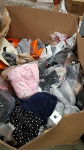 FULL PALLET OF CLOTHING CONTAINING SUN HATS, FACE MASKS, KNITTED CARDIGANS, FUR HOODED CARDIGANS, BLACK JUMPSUITS AND POLKADOT DRESSES ETC