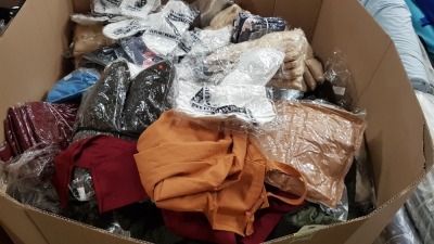 FULL PALLET OF CLOTHING CONTAINING KHAKI BUTTONED JACKETS, RED PANTS, WHITE BRAS, FLOWER PRINT JOGGING BOTTOMS AND BROWN DRESSES ETC