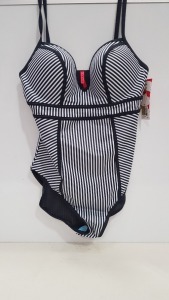 8 X BRAND NEW SPANX BLACK THIN STRIPE ONE PIECE SWIMSUITS SIZE 14 RRP $142.00 (TOTAL RRP $1136.00)