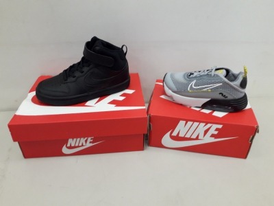 6 PIECE MIXED NIKE KIDS SHOE LOT CONTAINING 2 X GREY / WHITE SHOES SIZE 8.5 / 9.5, 2 X BLACK / WHITE AIR MAX SIZE 3 / 3.5 AND 2 X COURT BOROUGH MID 2 (PSV) TRAINERS UK KIDS SIZE 12 (PLEASE NOTE SOME BOXES ARE DAMAGED)