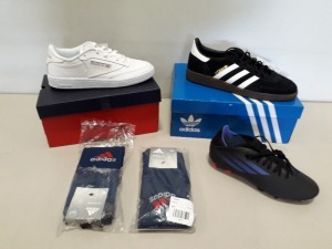16 PIECE MIXED SHOE AND SOCK LOT CONTAINING HANDBALL ADIDAS SPEZIAL TRAINERS, ADIDAS CONTINENTAL 80 STRIPES 3, ADIDAS X SPEEDFLOW .3 FG 3 FOOTBALL BOOTS, REEBOK WHITE TRAINERS AND VARIOUS ARSENAL ADIDAS SOCKS ETC