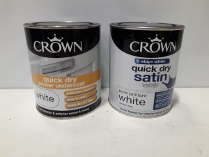 30 X BRAND NEW CROWN QUICK DRY PRIMER AND UNDERCOAT INTERIOR AND EXTERIOR WOOD AND MEATL IN BRILLIANT WHITE AND CROWN QUICK DRY SATIN PURE BRILLIANT WHITE ALL IN 750 ML