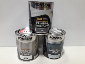 30 X BRAND NEW RONSEAL LOT TO INCLUDE RONSEAL SUPER FLEXABLE PRIMER AND UNDERCOAT GREY, AND RONSEAL ONE COAT NON DRIP PAINT WHITE MATT AND GLOSS WHITE ALL IN 750ML