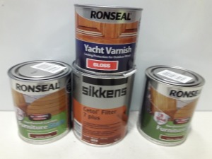 30 X BRAND NEW RONSEAL LOT TO INCLUDE WOOD STAIN IN SATIN WALNUT, RONSEAL HARD WOOD GARDEN FURNITURE STAIN NATURAL CEDAR AND RONSEAL YACHT VARNISH GLOSS AND SIKKENS CETOL FILTER 7 PLUS ( IN VARIOUS SIZES - 500ML , 750ML , 1L