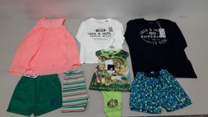 50 PIECE MIXED KIDS' CLOTHING LOT CONTAINING GIGANTOSAURUS BLOUSE AND PANTS 18-24 MONTHS, JACK AND JONES BLOUSE 8 YEARS, THE KIDS DIVISION GREEN SHORTS 12-18 MONTHS, THE KIDS DIVISION PINK DRESSES, ETC