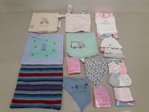 50 PIECE MIXED KIDS' CLOTHING LOT CONTAINING SOFT TOUCH 3 PIECE SET INFANTS BODYSUITS 0-3 MONTHS, BANG ON THE DOOR BABY CUSHIONS, FIRST STEPS BABY BRUSH & COMB SETS, LYCRA GIRLS SUPERSOFT TIGHTS 6-12 YEARS, ETC