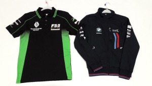 17 PIECE CLOTHING LOT CONTAINING 16 X BMW MOTOR RAD TRACKSUIT TOPS IN SIZE XS AND 1 X FS-3 RACING KAWASAKI T-SHIRT IN SIZE S