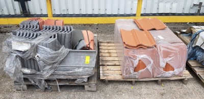 2 X PALLETS OF BUILDING MATERIALS - IE. 30 X REDLAND SHAPED GREY TILES AND 10 X REDLAND HALF ROUND RIDGE TILES PLUS 70 X FORTICRETE TILES ( 36 X 42CM )