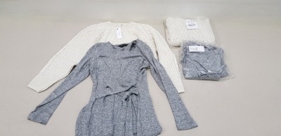 26 PIECE MIXED CLOTHING LOT CONTAINING 14 X TOPSHOP CREAM KNITTED JUMPERS SIZE SMALL AND 12 X DOROTHY PERKINS GREY BRUSHED DRESSES SIZE 12