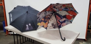 32 X STAN LAUREL AND OLIVER HARDY DOUBLE LAYERED UMBRELLAS (PICTURE GRAPHIC UNDERSIDE) 1 BOX