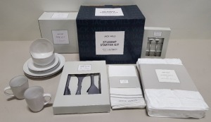 4 X BRAND NEW JACK WILLS STUDENT 25 PC STARTER KITS EACH COMPRISING :- BATH TOWEL, HAND TOWEL, 2 X TEA TOWELS, 8 PC CROCKERY SET, 8 PC CUTLERY SET & 4 X COOKING UTENSILS WITH CHOPPING BOARD - IN 4 CARTONS