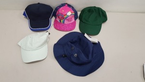 60 PIECE MIXED CAP LOT CONTAINING DREAMWORKS ROCK N TROLL CAPS, BEECHFIELD HATS AND CAPS IN VARIOUS STYLES AND SIZES