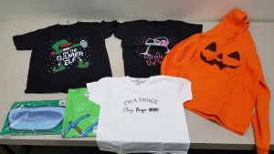 50 PIECE MIXED CLOTHING LOT CONTAINING FRUIT OF THE LOOM T SHIRTS IN VARIOUS STYLES AND SIZES, SUNGLASSES AND BAGS ETC